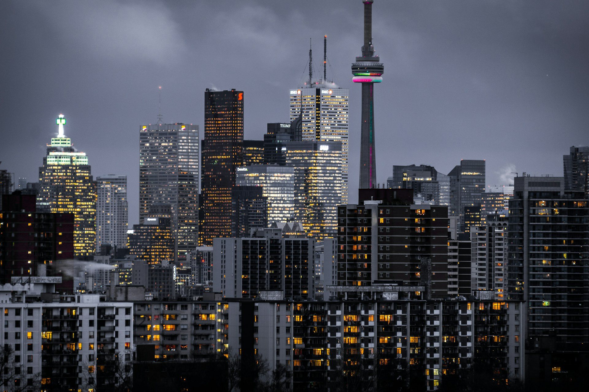 A city skyline at dusk